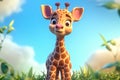 a cute adorable baby giraffe stands in nature in the style of children-friendly cartoon animation fantasy 3D style Illustration