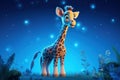 a cute adorable baby giraffe stands by night with blue light in nature in the style of children-friendly cartoon animation fantasy