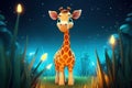 a cute adorable baby giraffe stands by night with blue light in nature in the style of children-friendly cartoon animation fantasy