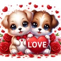 A cute and adorable bany dog hugging a heart of love, love sign, red rose flower, cartoon style, romantic athmisphere, animal Royalty Free Stock Photo