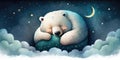 A cute and adorable bear is sleeping under night sky between stars pillow Royalty Free Stock Photo