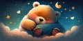 A cute and adorable bear is sleeping under night sky between stars pillow