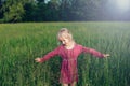 Cute adorable beautiful preschool Caucasian girl walking in tall high grass on meadow at sunset