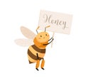 Cute adorable bee flying and holding signboard with honey inscription. Sweet smiling honeybee with happy face. Childish Royalty Free Stock Photo