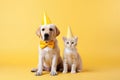 Cute adorable birthday red dog in party hat with kitten cat sitting on yellow orange background Royalty Free Stock Photo