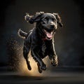 Cute adorable black dog running on dark background, generative ai