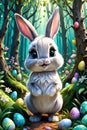 A cute and adorable bunny with hidden easter eggs, in a whimsical forest, flowers, easter ambience, cartoon style, rabbit