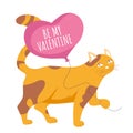 Cute adorable cat holding romantic balloon in shape of heart and text be my valentine