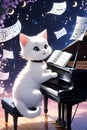 A cute and adorable cat, posing in dynamic style with piano, surrounded by the notes, cartoon, digital anime art, music instrument