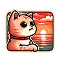 A cute and adorable cat with sunset, bold line art, cute sticker, t-shirt prints, digital art, white background