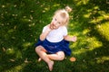 Cute adorable Caucasian toddler baby girl sitting and eating berries fruits. Funny child in park having healthy snack meal. Summer Royalty Free Stock Photo