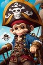 Cute, adorable and charming smiling monkey pirate, wearing pirate clothes, aboard pirate ship, illustration