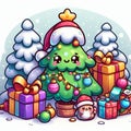 A cute and adorable christmas tree in cartoon style wearing santa hat, with the gifts and snow capped, white background Royalty Free Stock Photo