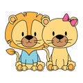 cute and adorable couple lions characters