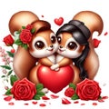 A cute and adorable couple of squirrel with a heart, in romantic love scene, red rose flower, love sign, cartoon, animal design