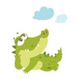 Cute adorable crocodile character with full belly resting under clouds in lazy pose