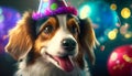 Cute and adorable dog with party cap and birthday balloons.AI generated Royalty Free Stock Photo