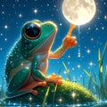 Cute and adorable frog in cartoon style, the dew-kissed sheen on froggy's skin, moonlight, tiny sparkles arounds, anime