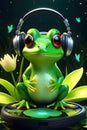 A cute and adorable froggy in cartoon style, wearing headphone, with flower, digital art, animal creatures