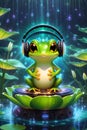 A cute and adorable froggy, in a glowing pond, with green water drops, wearing headphone, dynamic pose, cartoon style, digital art