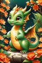 A cute and adorable green dragon, with apricot flowers in spring time, mysterious, ancient, chinese zodiac, cartoon style, fantasy