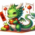 A cute and adorable green dragon, hug a red envelope and fruits, in chinese new year eve theme, lampions, cartoon, anime art