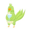Cute adorable green parrot drink fresh soda in glass
