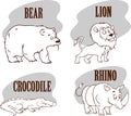 Cute and adorable happy animal crocodile, bear, hippo and ,lion cartoon character stock illustration