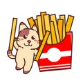 Cute Adorable Happy Brown Cat Eat Potato French Fries Stick Fast Food cartoon doodle vector illustration flat design