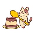 Cute Adorable Happy Brown Cat Eat Pudding Sweet Character cartoon doodle vector illustration flat design