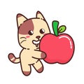 Cute Adorable Happy Brown Cat Eat Red Apple Nature Fruit cartoon doodle vector illustration flat design