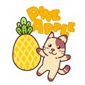Cute Adorable Happy Brown Cat Eat Yellow Pineapple Summer Holiday Tropical Fruit cartoon doodle vector illustration flat design