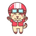 Cute Adorable Happy Brown Cat Red Rider Suit And Helmet cartoon doodle vector illustration flat design Royalty Free Stock Photo