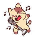 Cute Adorable Happy Brown Cat Sing Karaoke cartoon doodle vector illustration flat design