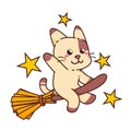 Cute Adorable Happy Witch Brown Cat Flying With Magic Broom cartoon doodle vector illustration flat design