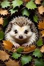 A cute and adorable hedgehog curled up in a ball of leves in cartoonish, animal design