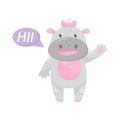 Cute adorable hippo with a pink bow saying Hi and waving hand, lovely behemoth animal cartoon character vector