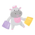 Cute adorable hippo with a pink bow walking with shopping bags, lovely behemoth animal cartoon character vector