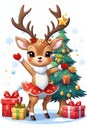 A cute and adorable kawaii christmas dance deer, beautiful christmas tree and the presents behind it, cartoon, digital anime art