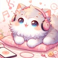 A cute and adorable kawaii fluffy cat lying down, while wearing a headphone, note sign arounds, smiling face, cartoon, wallpaper