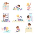 Cute Adorable Kids Doing Housework Chores at Home Set, Cute Little Boys and Girls Washing Floor, Dishes, Cleaning Up