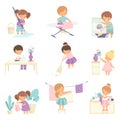 Cute Adorable Kids Doing Housework Chores at Home Set, Cute Little Boys and Girls Sweeping Floor, Ironing Clothes