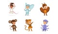 Cute Adorable Kids Wearing Animal Costumes Set, Mouse, Elephant, Owl, Monkey, Tiger, Octopus Cartoon Vector Illustration Royalty Free Stock Photo