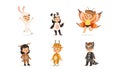 Cute Adorable Kids Wearing Animal Costumes Set, Rabbit, Panda, Butterfly, Deer, Giraffe, Raccoon Cartoon Vector