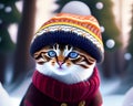 Cute adorable kitten in a jacket and hat knitted cap, winter snow, christmas xmas cuteness big eyes, anthropomorphic cat. Ai