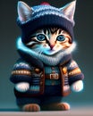 Cute adorable kitten in a jacket and hat knitted cap, winter snow, christmas xmas cuteness big eyes, anthropomorphic cat. Ai