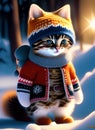 Cute adorable kitten in a jacket and hat knitted cap, winter snow, christmas xmas cuteness big eyes, anthropomorphic cat. Ai