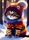 Cute adorable kitten in a jacket and hat knitted cap, winter snow, christmas xmas cuteness big eyes, anthropomorphic cat. Ai