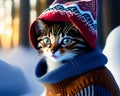 Cute adorable kitten in a jacket and hat knitted cap, winter snow, christmas xmas cuteness big eyes, anthropomorphic cat. Ai