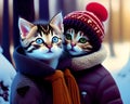 Cute adorable kitten in a jacket and hat knitted cap, winter snow, christmas xmas cuteness big eyes, anthropomorphic cat. Ai